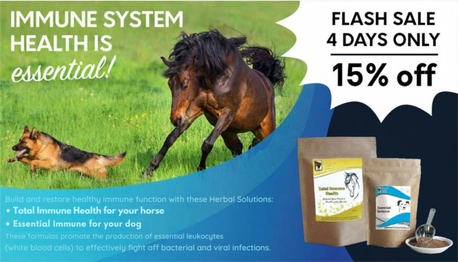 FLash Sale Save 15% Total Immune Health Solution for Horsess and Essential Immune Health Solution for Dogs